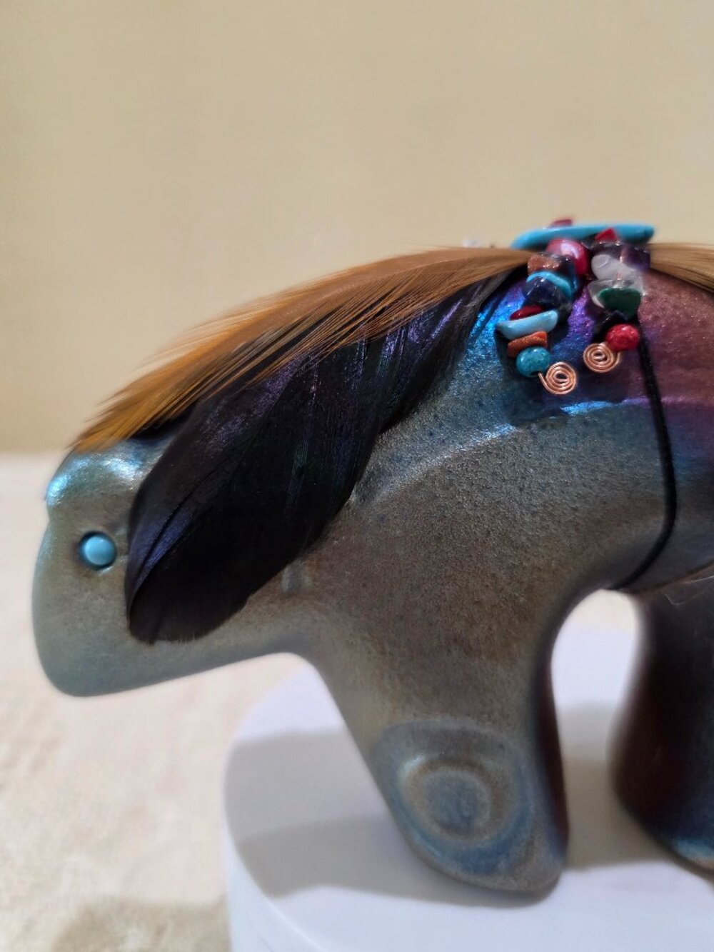 Jeremy Diller Raku Pottery Spirit Bear Fetish Figurine Turquoise Eye Feathers B2 - Picture 4 of 17
